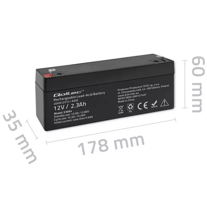 Szczelny akumulator AGM QOLTEC 12V 2,3Ah do UPS i systemów rezerwowych, maks. rozładowanie 34,5A