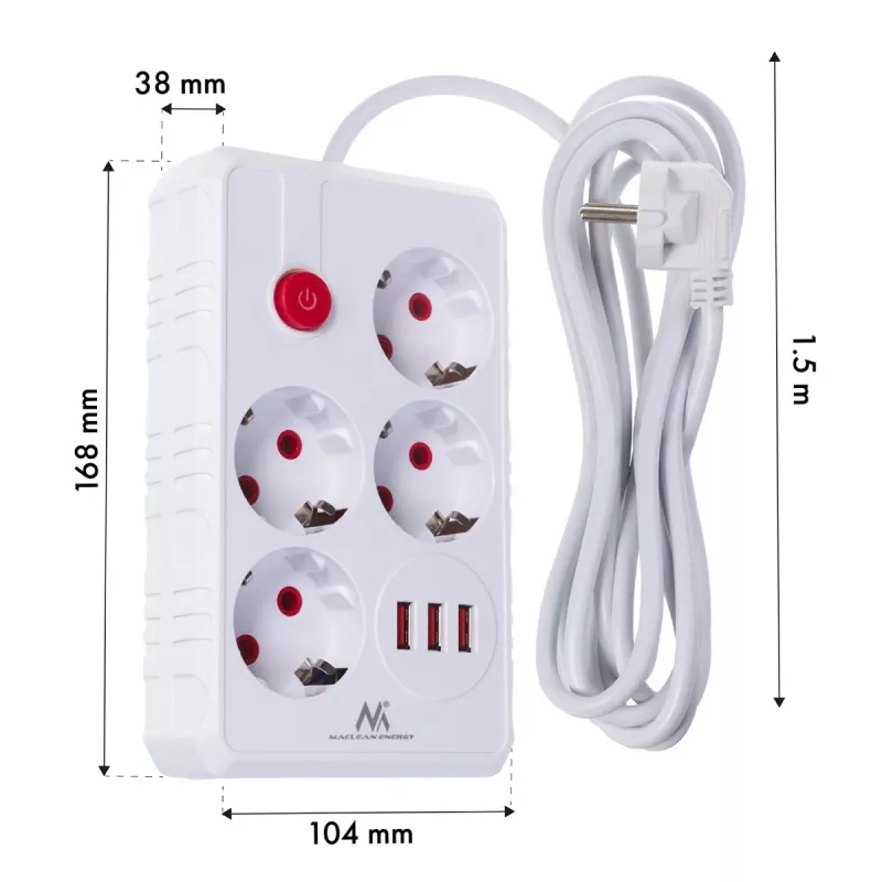 Listwa zasilająca MACLEAN MCE392 W — 4 gniazda F, 3×USB A, 110–240V, maks. 2.1A, 2500W, kabel 1,5 m, biała