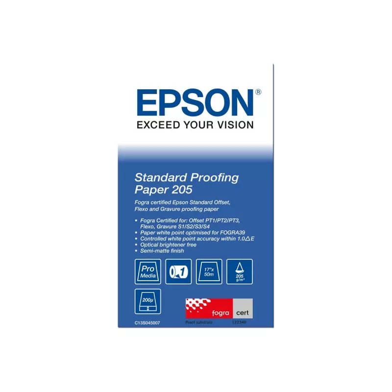 Epson Standard Proofing Paper, 17 cali x 50 m, 205 g/m², 50 m, 43,2 cm, 43,2 cm (17 cali), Matowy, 190 µm, 205 g/m²