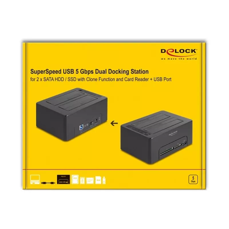 Stacja dokująca DeLOCK USB Dual dla 2 x SATA HDD SSD z funkcją klonowania i czytnikiem kart