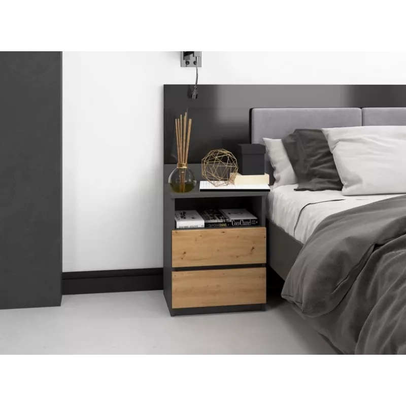 Szafka nocna top e shop M1 ANTRACYT/ARTISAN, Dąb, 2 szuflady, 400×320×590 mm