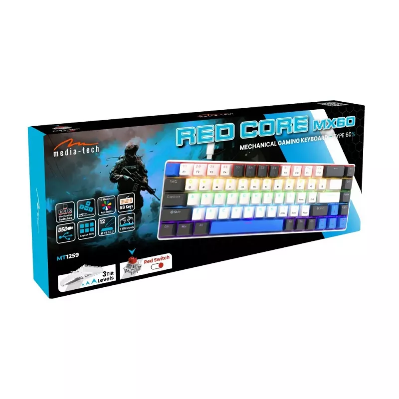 Klawiatura mechaniczna MEDIA-TECH MT1259 czerwony Core MX60, format 60%, przełączniki CHERRY MX czerwony, podświetlenie RGB, USB, wysokoprofilowe klawisze