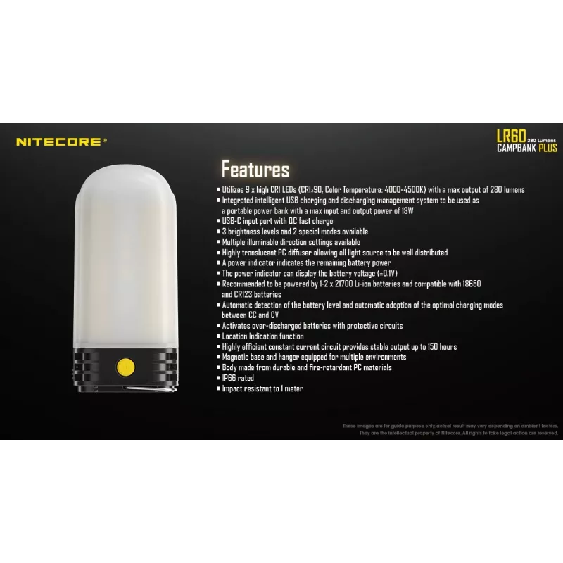 Latarnia kempingowa zasilana bateriami Nitecore LR60 280 lm USB C