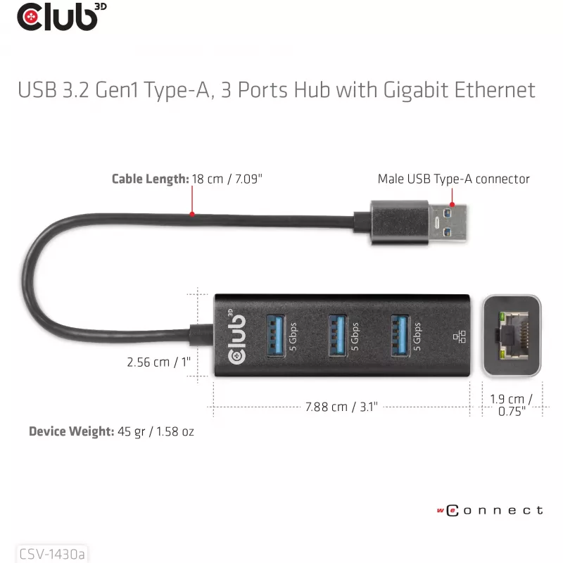 Hub USB CLUB3D USB 3.2 Gen1 Type-A, 3 porty i Gigabit Ethernet
