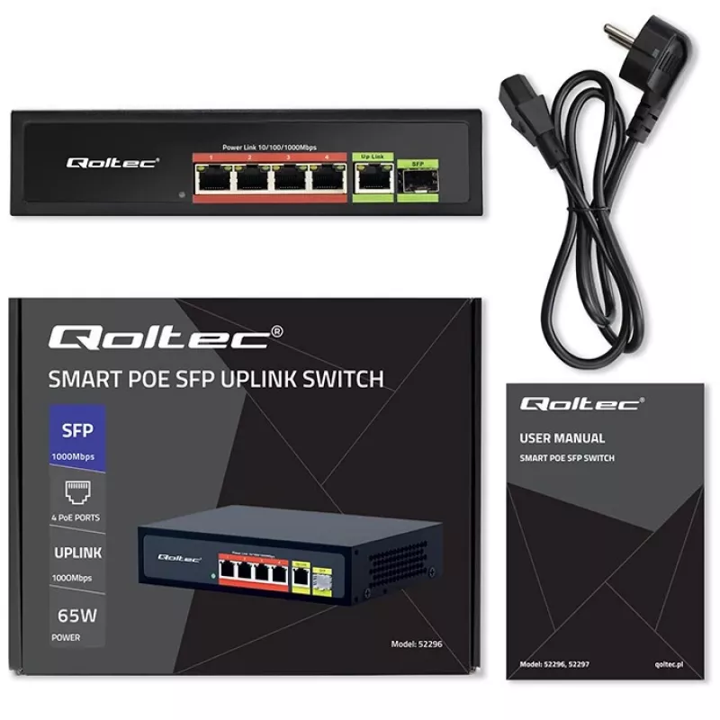 Przełącznik Ethernet PoE QOLTEC 52296 — 4 porty RJ45 PoE, 1 port uplink RJ45