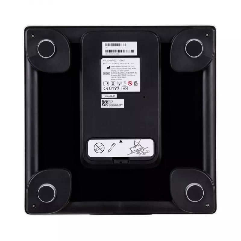 Elektroniczna waga osobista Omron VIVA — kwadratowa, czarna, maks. 150 kg, dokładność 100 g, tkanka tłuszczowa/BMI/BMR, pamięć dla 30 użytkowników