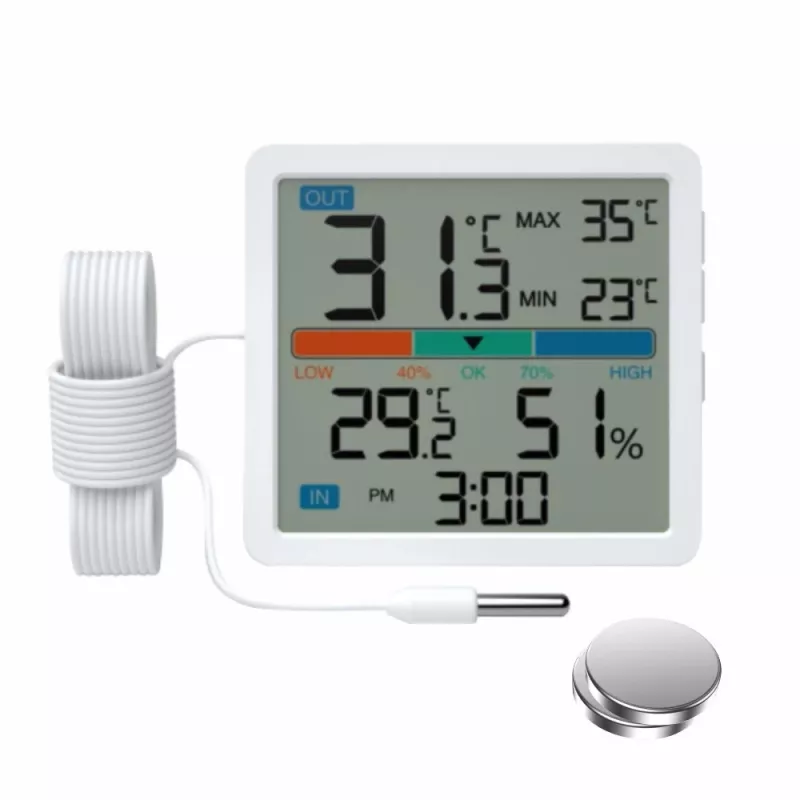 Termohigrometr MANTA MTO002W z czujnikiem zewnętrznym (150 cm), wewnątrz 0–+50°C, na zewnątrz -40–+70°C, wilgotność 20–95% RH, wskaźnik komfortu, zegar