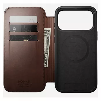 Nomad Modern Leather Folio etui na telefon komórkowy Pokrowiec dla iPhone 17 Pro Max — Brązowy, skóra, ekran 6,3 cala, 4 kieszenie na karty