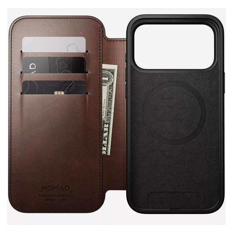 Nomad Modern Leather Folio etui na telefon komórkowy Pokrowiec dla iPhone 17 Pro Max — Brązowy, skóra, ekran 6,3 cala, 4 kieszenie na karty