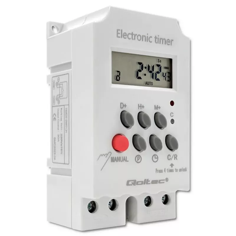 Elektroniczny przekaźnik czasowy na szynę DIN QOLTEC PC0629 — zasilanie 24V, wyjście 16A
