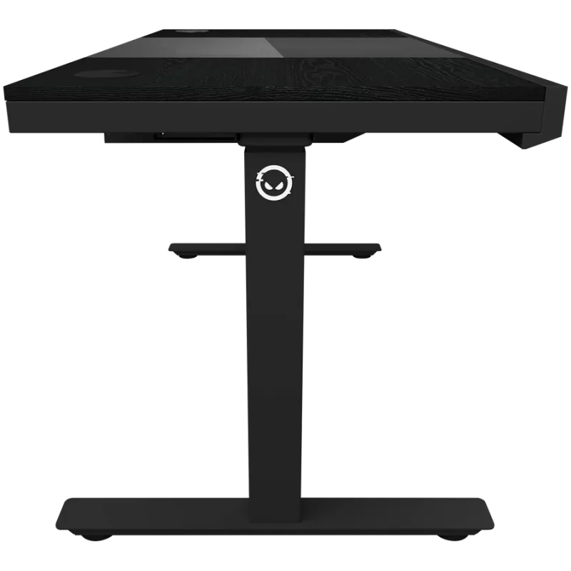 Biurko gamingowe z regulacją wysokości typu sit/stand z dwoma silnikami, wbudowaną obudową PC, ładowarką bezprzewodową, podświetleniem RGB, panelem sterowania i portami USB, blat z melaminy PB, czarny.
