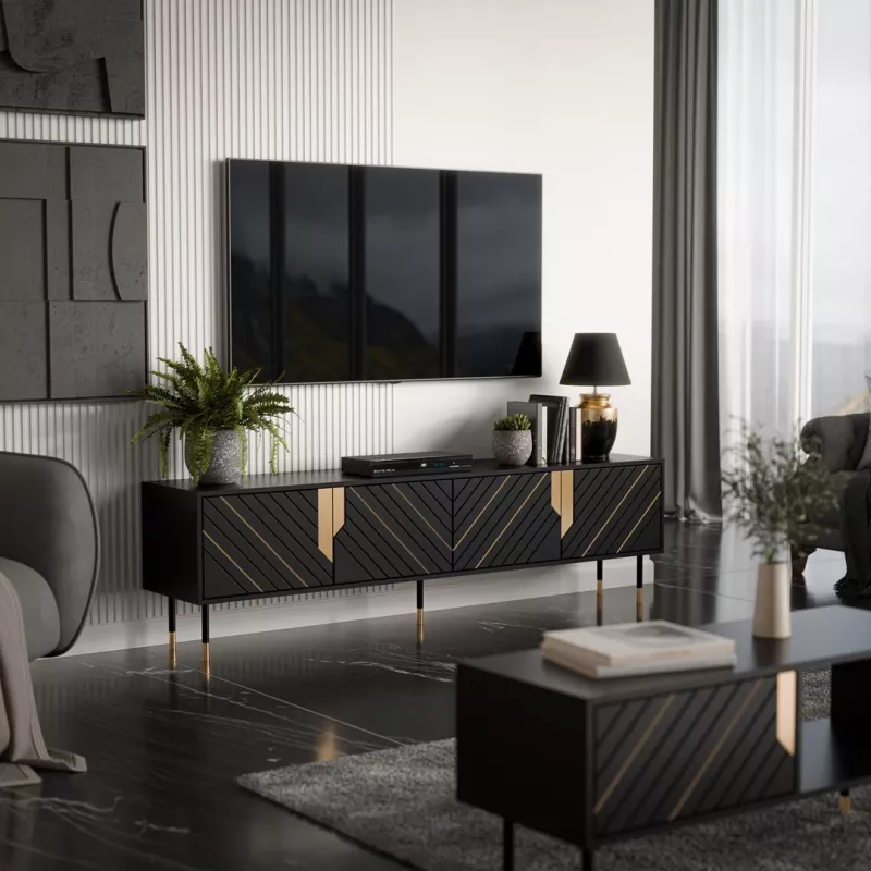 Szafka RTV cama meble Cama 4D MOUNTAIN 2040×400×550 mm czarna + złote wykończenie, blat z płyty wiórowej