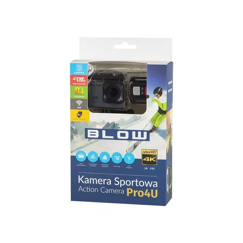 Kamera sportowa BLOW 78-538 — 4K Ultra HD, wyświetlacz 2 cale, pole widzenia 170°, Wi‑Fi, stabilizator obrazu, microSD do 64 GB