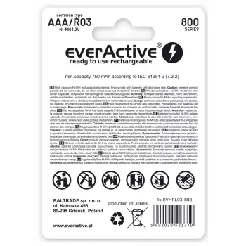 Akumulatorki AAA NiMH everActive EVHRL03-800 – 1,2 V, 4 szt., cylindryczne 44,5×10,5 mm