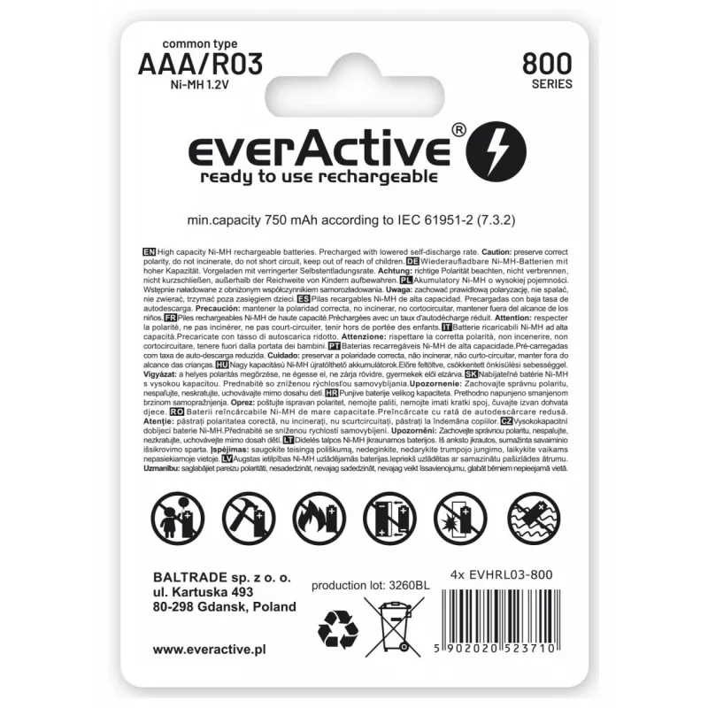 Akumulatorki AAA NiMH everActive EVHRL03-800 – 1,2 V, 4 szt., cylindryczne 44,5×10,5 mm