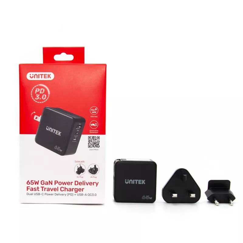 Unitek P1117B USB-C PD 65W uniwersalna ładowarka mobilna, 2x USB‑C PD + 1x USB‑A, czarna