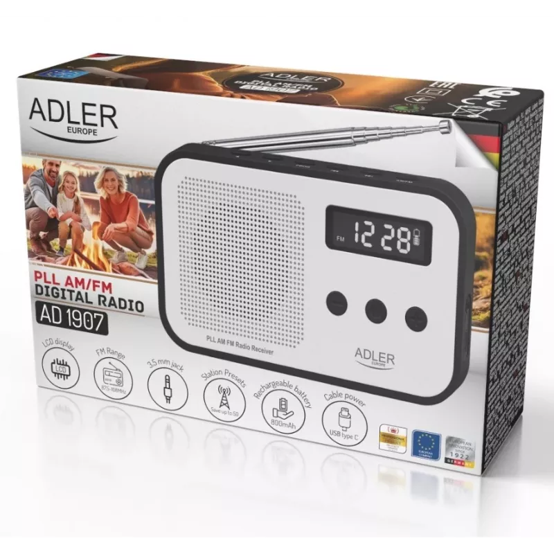 Przenośne radio cyfrowe Adler AD 1907 — AM/FM, tuner cyfrowy, alarm, USB-C, bateria 600 mAh, LCD, 20 ustawień, antena teleskopowa