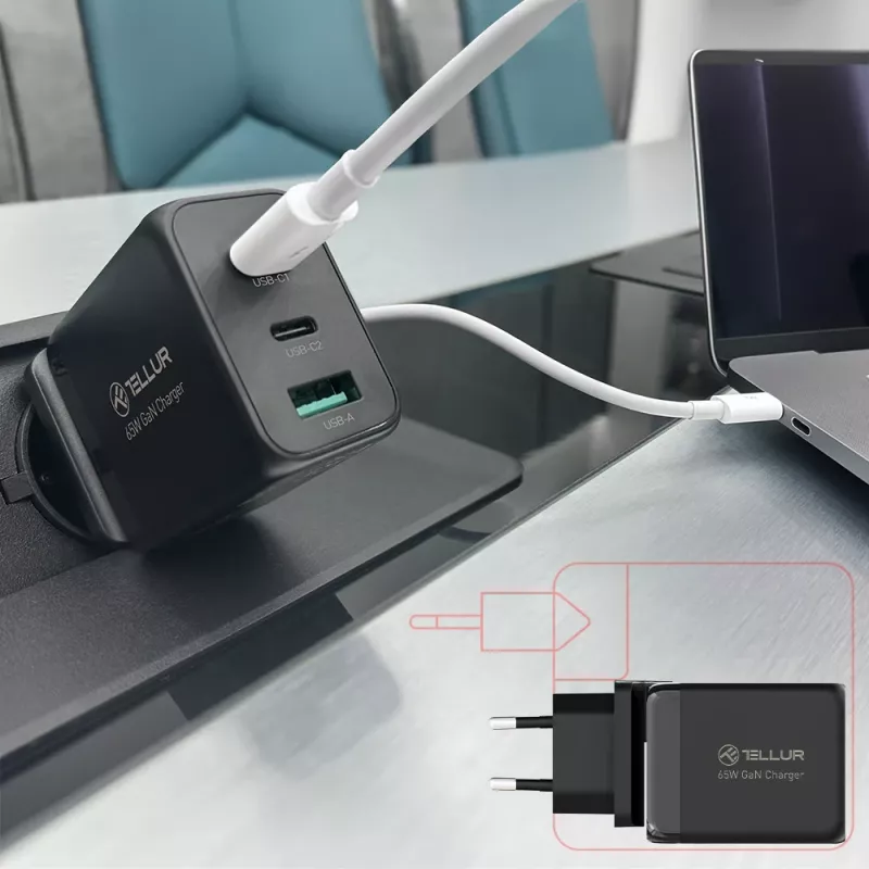 Ładowarka sieciowa Tellur TLL151451 65W, 3-portowa (2x USB-C, 1x USB-A)