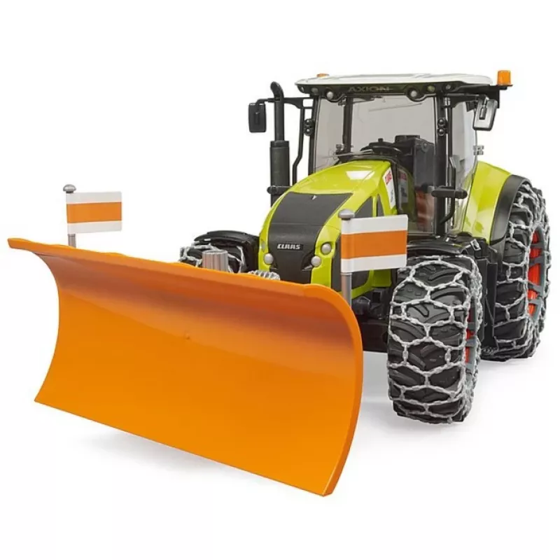 Ciągnik-zabawka BRUDER Claas Axion 950 z łańcuchami śniegowymi i pługiem śnieżnym, model w skali