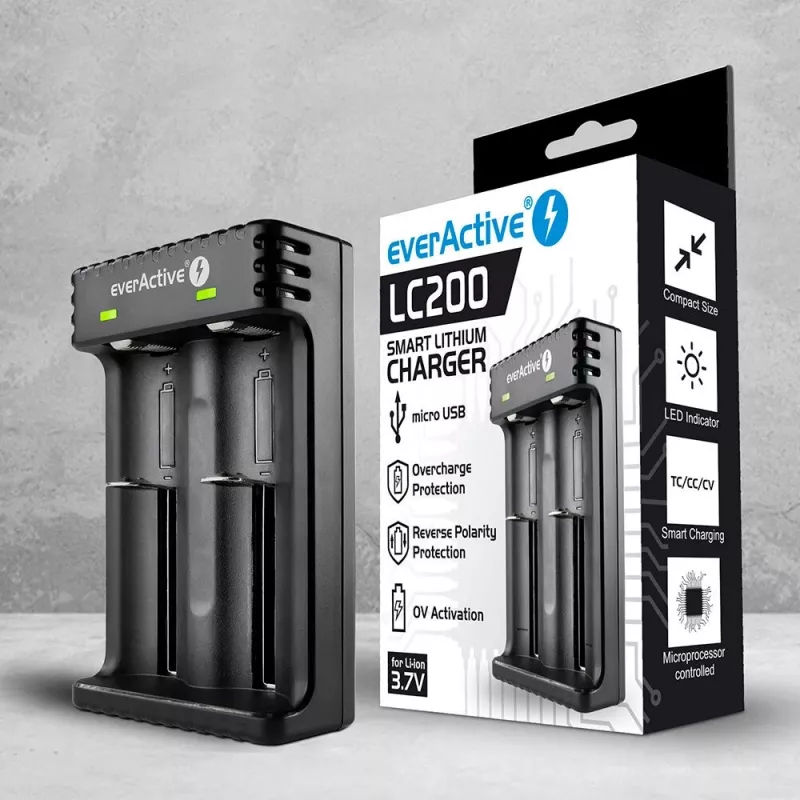 Ładowarka do akumulatorów everActive LC200 domowa USB, 2-kanałowa, Li-Ion, obsługuje A/AA/AAA/AAAA/C/D, wejście 5 V, wyjście 4,2 V, czarna