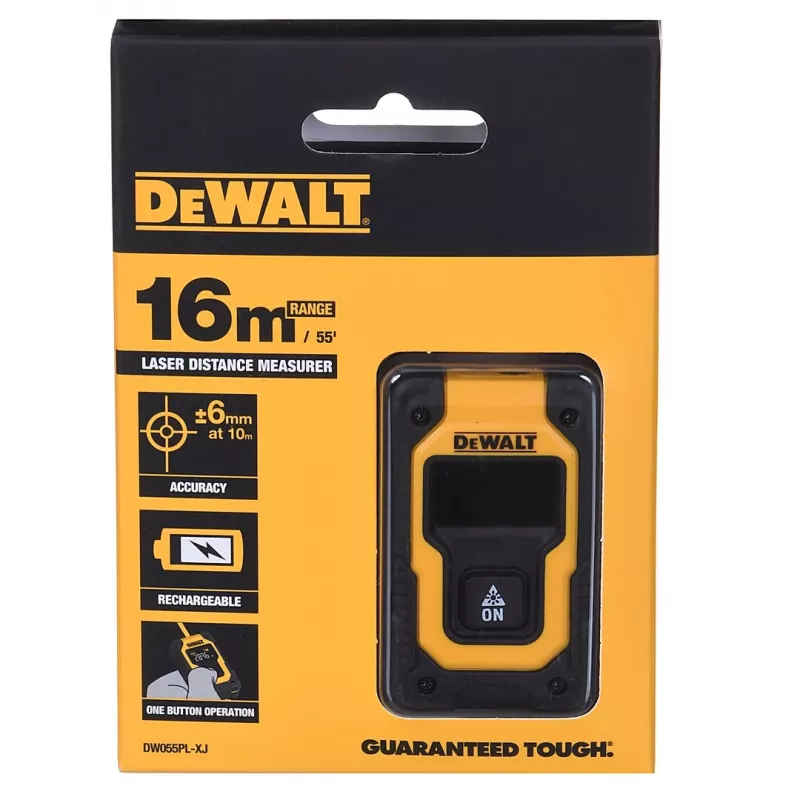Dalmierz laserowy DeWalt DW055PL-XJ, zasięg 0–16 m, dokładność ±6 mm, akumulator 3,7 V, kabel USB