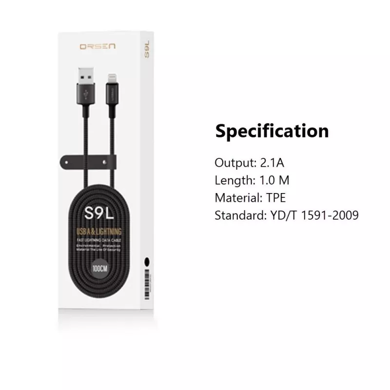 Kabel USB-A – Lightning Orsen S9L 1 m 2,1 A — czarny