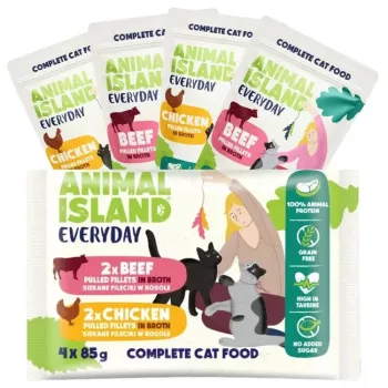 ANIMAL ISLAND Everyday Filety z kurczakiem i wołowiną w bulionie - mokra karma dla kota - 4 x 85g