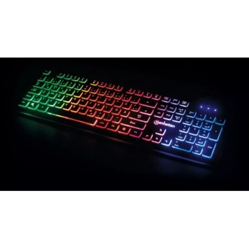 Manhattan Gaming USB klawiatura, Low Force Key Edition, 12 klawiszy multimedialnych, podświetlenie Rainbow-LED, USB-A, czarny, opakowanie detaliczne (układ niemiecki)
