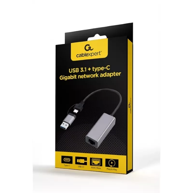 Adapter sieciowy Gigabit USB 3.1 Type-C Gembird A-USB3AC-LAN-01 — 1× RJ-45, 1000 Mb/s, USB 3.2 Gen 1, obudowa metalowa, szary