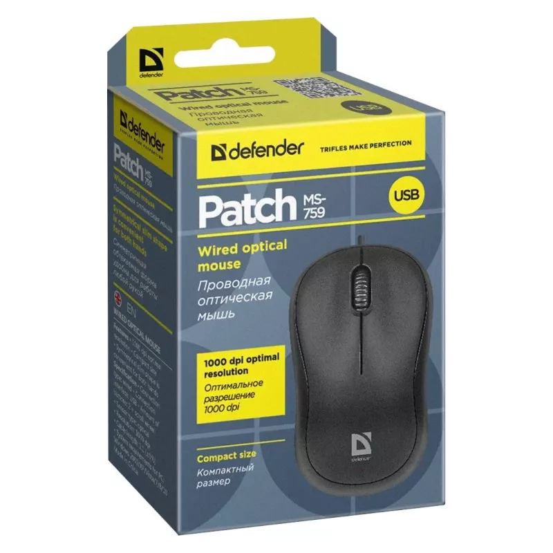 Mysz optyczna przewodowa DEFENDER PATCH MS-759 USB Type-A, oburęczna, 1000 DPI, czarna