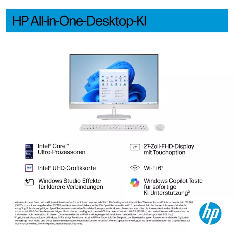 HP AI 27-cr2275ng - All-in-One (Complete Solution) - Core Ultra 7 255U - RAM 16 GB - SSD 512 GB - NVMe - Intel Graphics - 1GbE, Bluetooth 5.3, Wi-Fi 6 - WLAN: 802.11a/b/g/n/ac/ax,