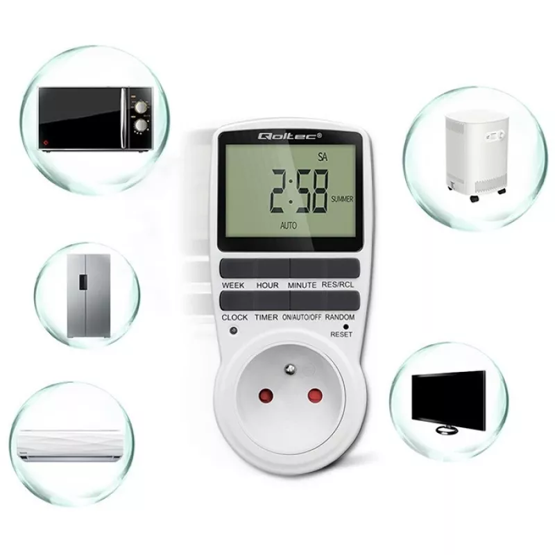 Elektroniczny timer QOLTEC PC0628 z wyświetlaczem LCD, odliczanie 24-godzinne