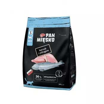 Sucha karma dla kota Pan Miesko Kurczak z Pstrągiem S, pełnoporcjowa karma w granulkach, 400 g, 39% białka, 16% tłuszczu