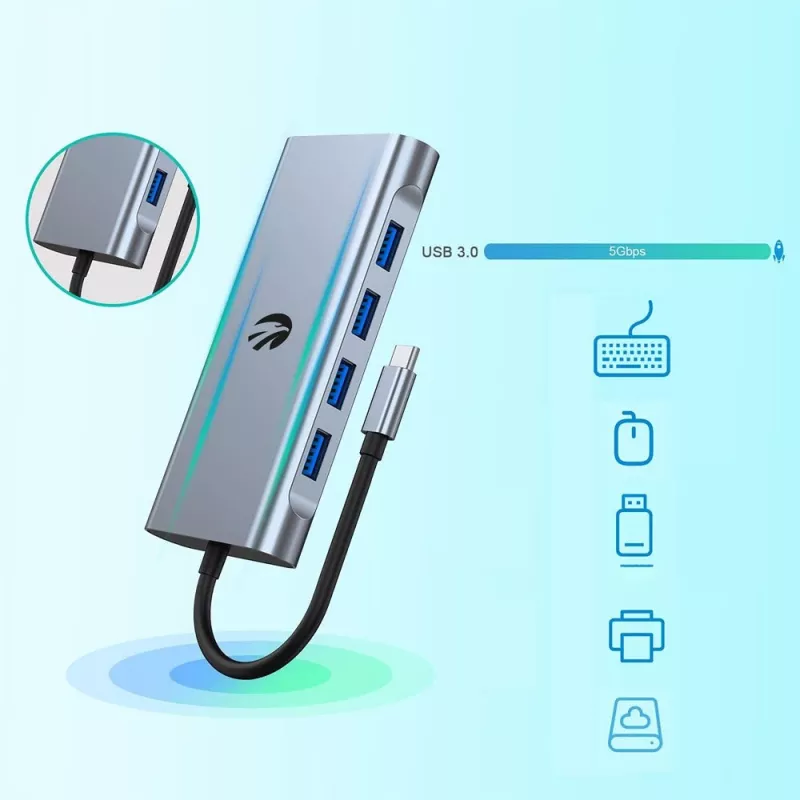 Adapter USB-C 11-w-1 Hawk HW-HUB1101 — hub wieloportowy z 11 portami
