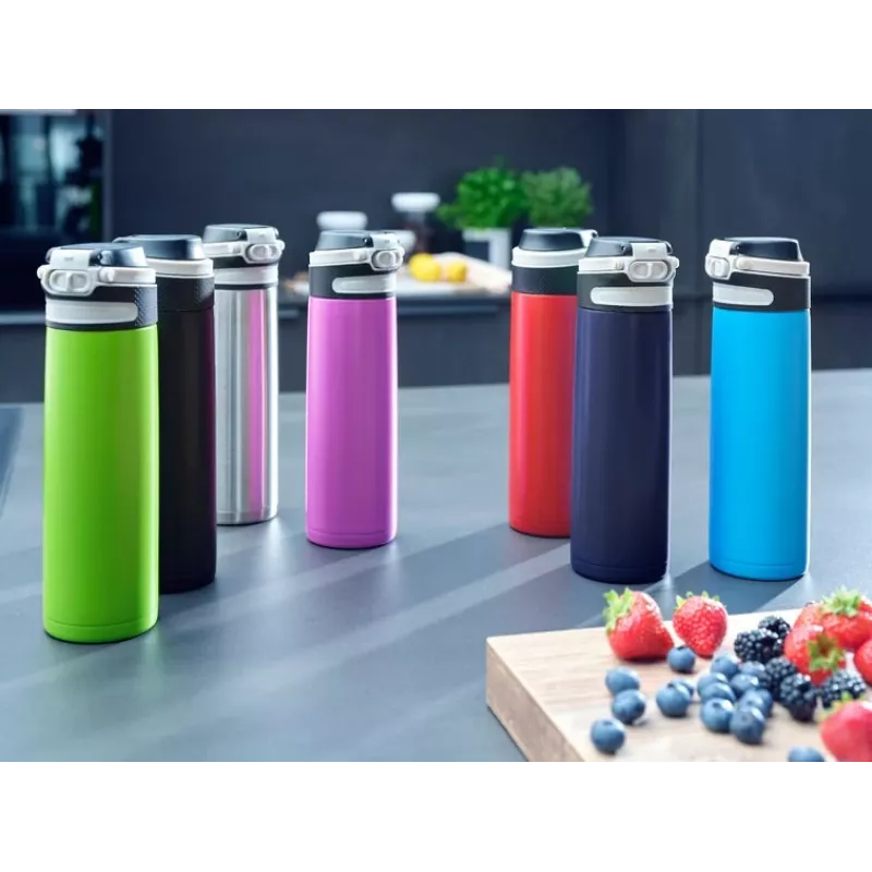 Kubek termiczny Leifheit 03275 600 ml stal nierdzewna, podwójna ścianka, szczelny, otwierany jedną ręką, uchwyt, czarny/niebieski