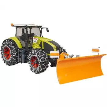 Ciągnik-zabawka BRUDER Claas Axion 950 z łańcuchami śniegowymi i pługiem śnieżnym, model w skali