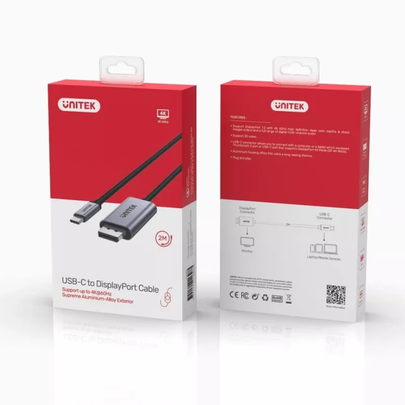 UNITEK V1409A kabel zmiennopłciowy USB-C DisplayPort Czarny, Szary