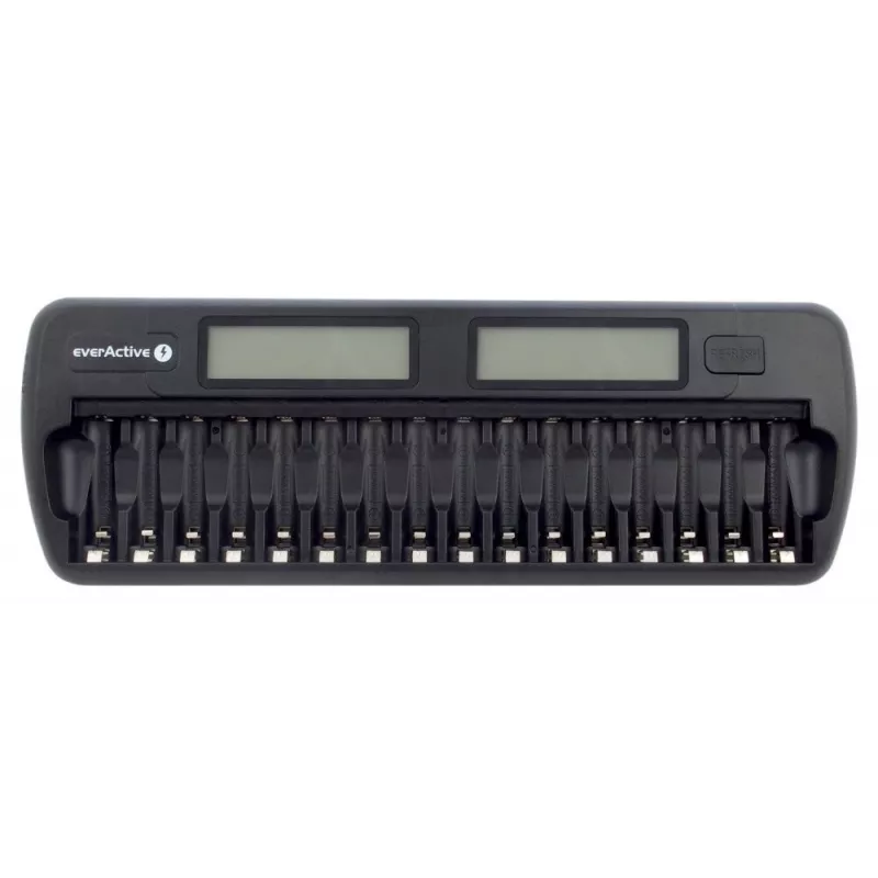 Ładowarka do akumulatorów everActive NC-1600 — uniwersalna ładowarka DC dla Li-Ion, obsługuje 16 ogniw, kompatybilne rozmiary AA/AAA/C, czarna, AC 100–240V 50–60Hz