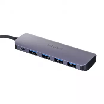 Hub USB Unitek P5+ — 5 portów (4 × USB 3.2 Gen 2 Type-A), host USB 3.2 Gen 1, 5 Gbit/s, 10 W PD, aluminium, szary