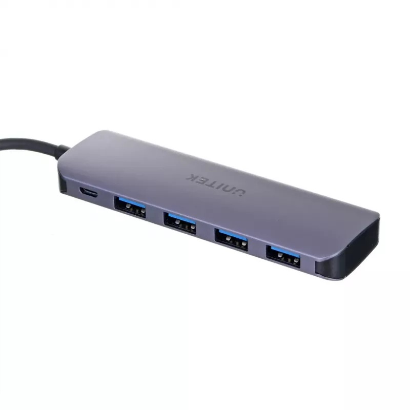 Hub USB Unitek P5+ — 5 portów (4 × USB 3.2 Gen 2 Type-A), host USB 3.2 Gen 1, 5 Gbit/s, 10 W PD, aluminium, szary