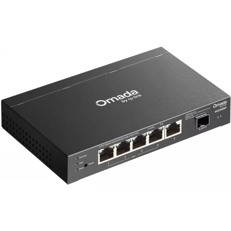 Przełącznik sieciowy TP‑LINK SG2206MP L2 Gigabit Ethernet PoE 5‑portowy (5x Gigabit, 1x SFP, PoE+ 4 porty, budżet 63W)