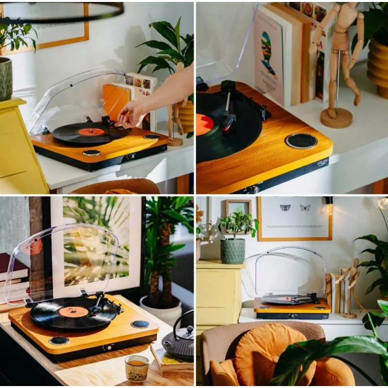Gramofon analogowy z napędem paskowym Adler AD 1914 z portem USB, talerzem ceramicznym, silnikiem prądu stałego, prędkością 33 1/3 obr./min, Bluetooth 5.4, wyjściami RCA, wbudowanymi głośnikami
