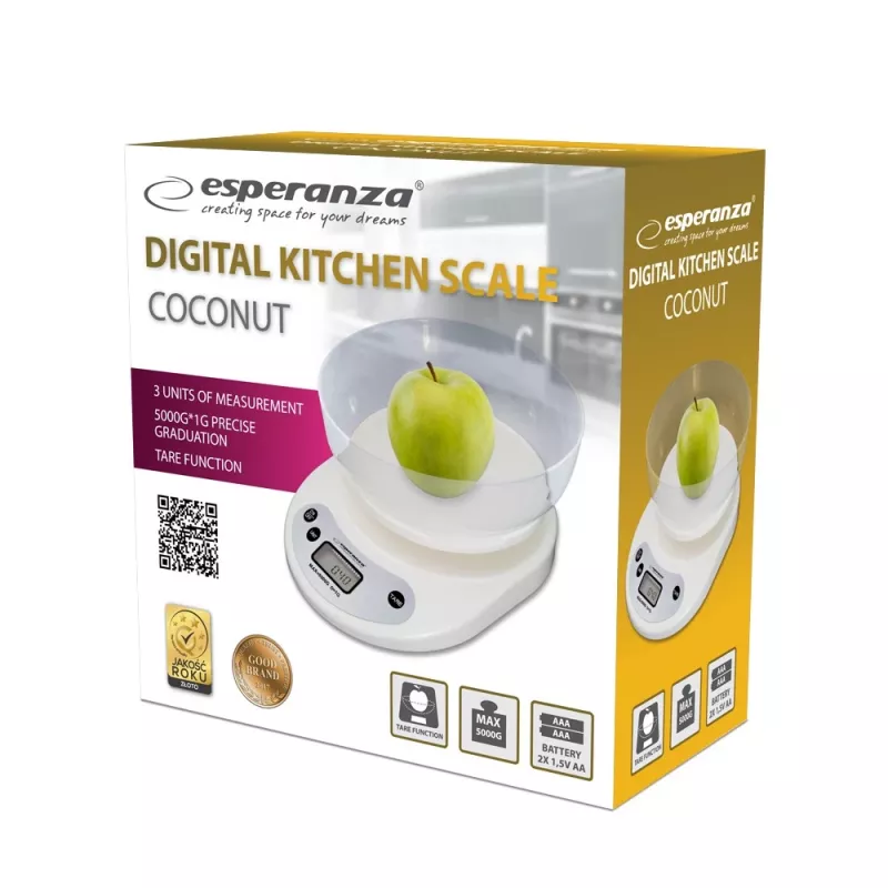 Elektroniczna waga kuchenna ESPERANZA EKS007 — pojemność 5 kg, dokładność 1 g, biała