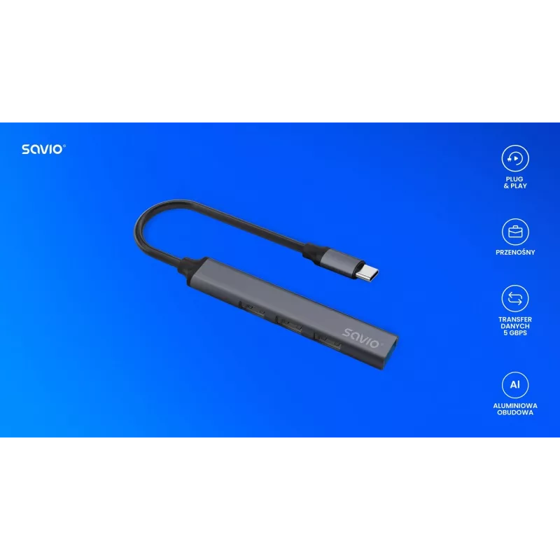USB 3.0 4-portowy koncentrator interfejsu SAVIO AK-71 z hostem USB-C, 5000 Mbit/s, 2-letnia gwarancja
