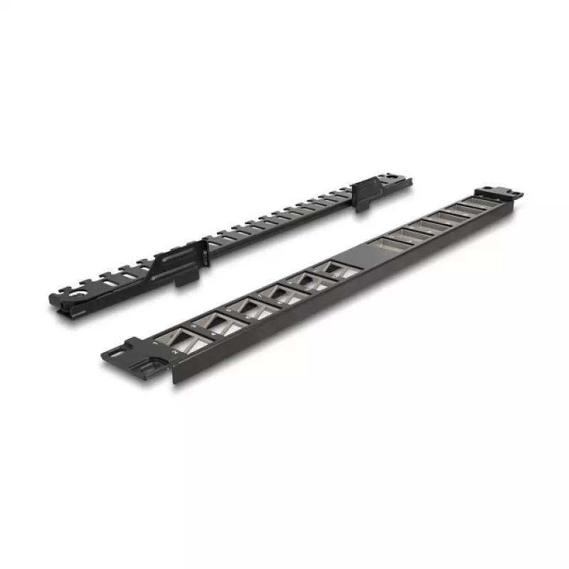 DELOCK 19 calowy keystone panel krosowy 24-portowy kątowy z odciążeniem, 1U, czarny, 482,6×125,5×44,2 mm
