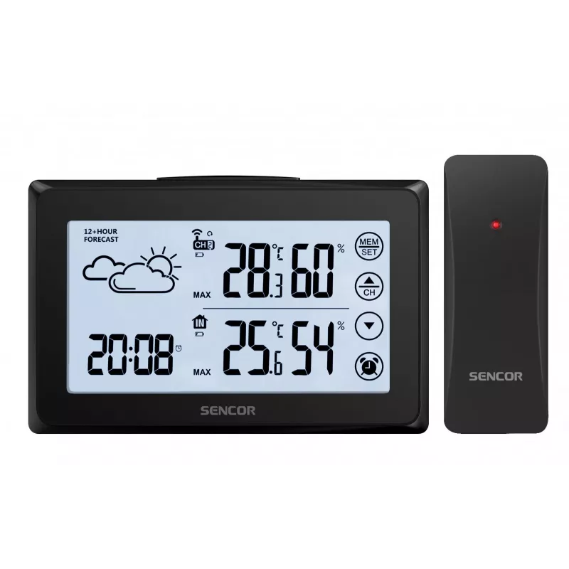 Stacja pogodowa SENCOR SWS 2850 — temperatura i wilgotność wewnątrz/na zewnątrz, 1 czujnik bezprzewodowy, 433,92 MHz, pamięć min/max