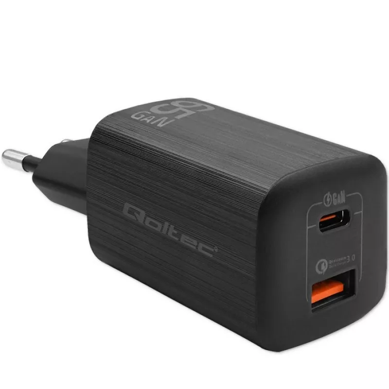 Qoltec 50766 Ładowarka do urządzeń mobilnych Laptop, Przenośna konsola do gier, Power bank, Smartfon, Smartwatch, Tablet Czarny AC Szybkie ładowanie Wewnętrzna