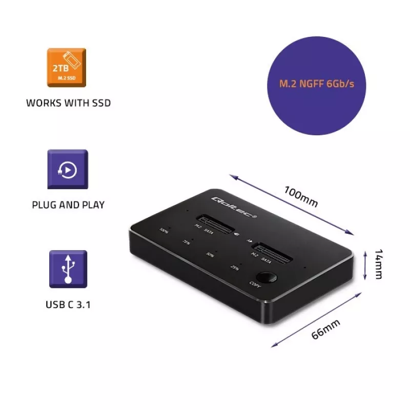Qoltec 50310 Stacja dokująca do dysków 2x SSD M.2 SATA NGFF USB Type C
