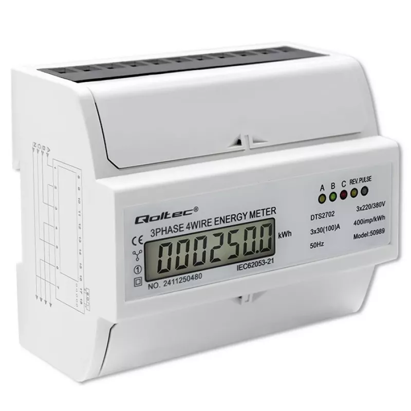 Qoltec Trójfazowy Dwukierunkowy Licznik Elektroniczny | Licznik energii na szynę DIN | 400V | 100A | LCD | 4P