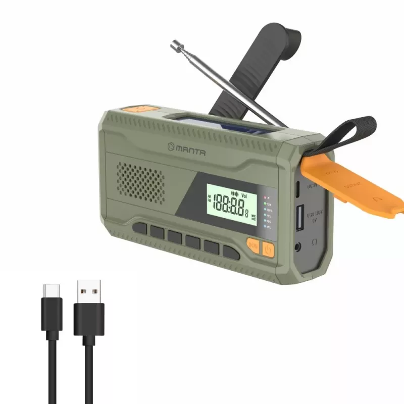 Przenośne radio FM MANTA RDI401G z panelem słonecznym, korbką dynamo, akumulatorem 4000–4500 mAh, wyjściem USB 5 V, 3 W, latarką